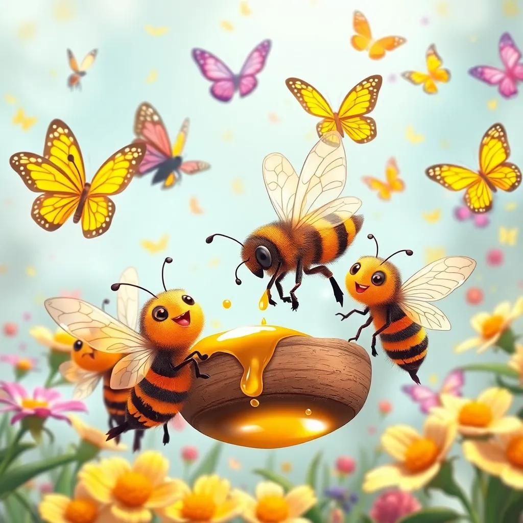 Un grupo de abejas trayendo miel y mariposas coloridas volando alrededor, en un ambiente festivo lleno de risas y alegría, ilustración, vibrante, amigable, alta calidad