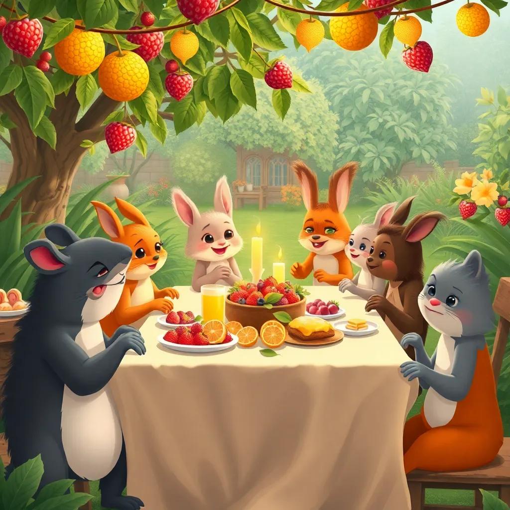 Un banquete en el jardín con frutas frescas y dulces de miel, todos los habitantes del jardín comiendo juntos y contando historias, ilustración, cálido, amigable, alta calidad