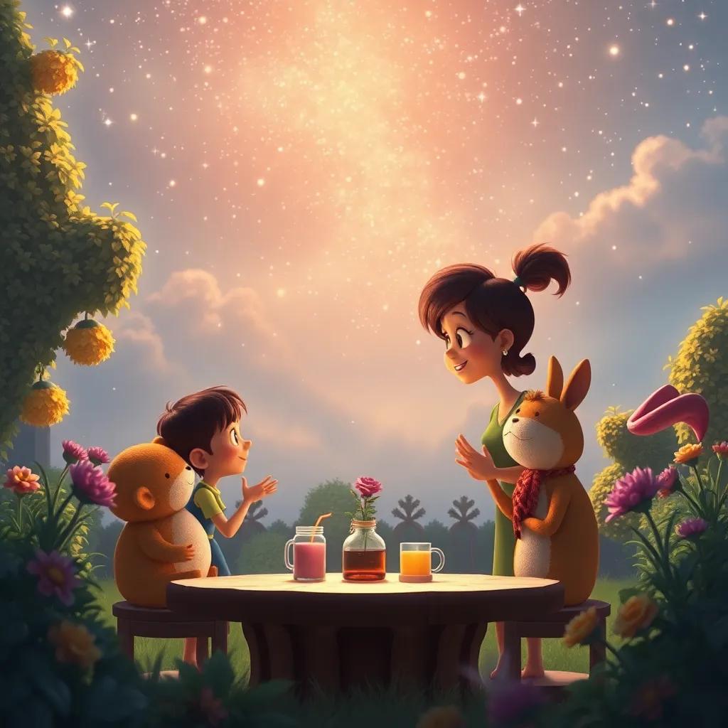 Una reunión al final del día con los habitantes del jardín agradeciendo su amistad bajo un cielo estrellado, digital painting, mágico, sereno, alta calidad