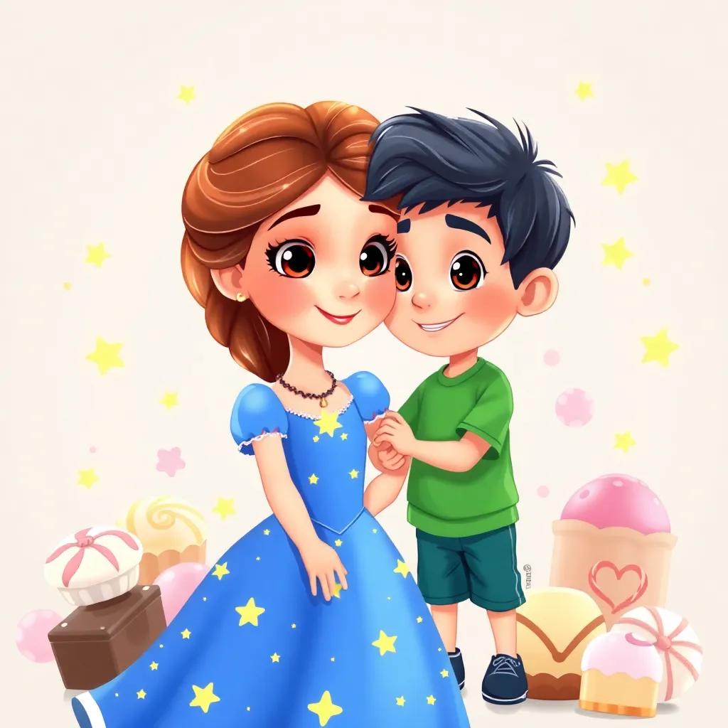 Sofía, una niña con cabello rizado, usando un vestido azul lleno de estrellas, Miguel con pantalones cortos y camiseta verde, rodeados de dulces y pastel de chocolate, illustration, cheerful, colorful, child-friendly