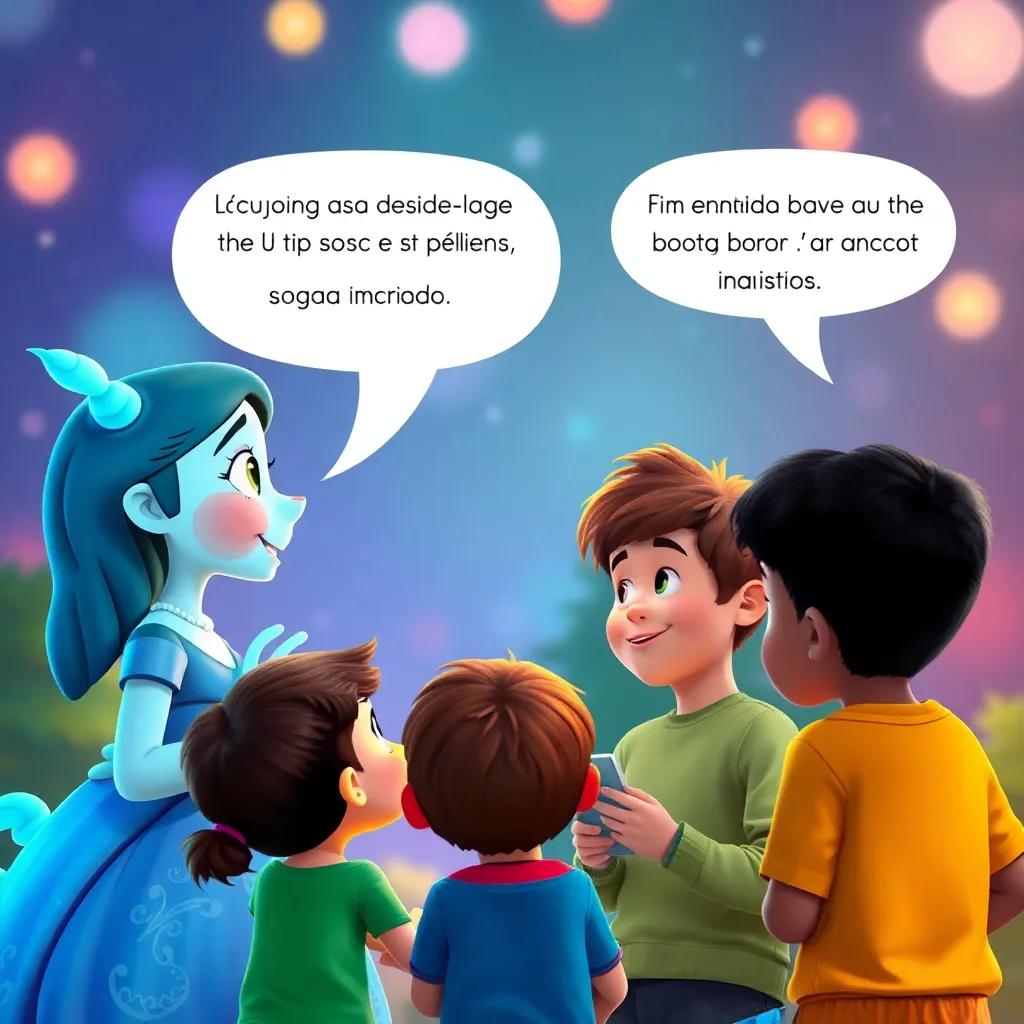 Sofía hablando con entusiasmo sobre su amigo invisible Lumin, un dragón imaginario, mientras Miguel cuenta sobre su amigo Chispas, el robot, junto a varios niños escuchando, engaging, vibrant colors, imaginative atmosphere