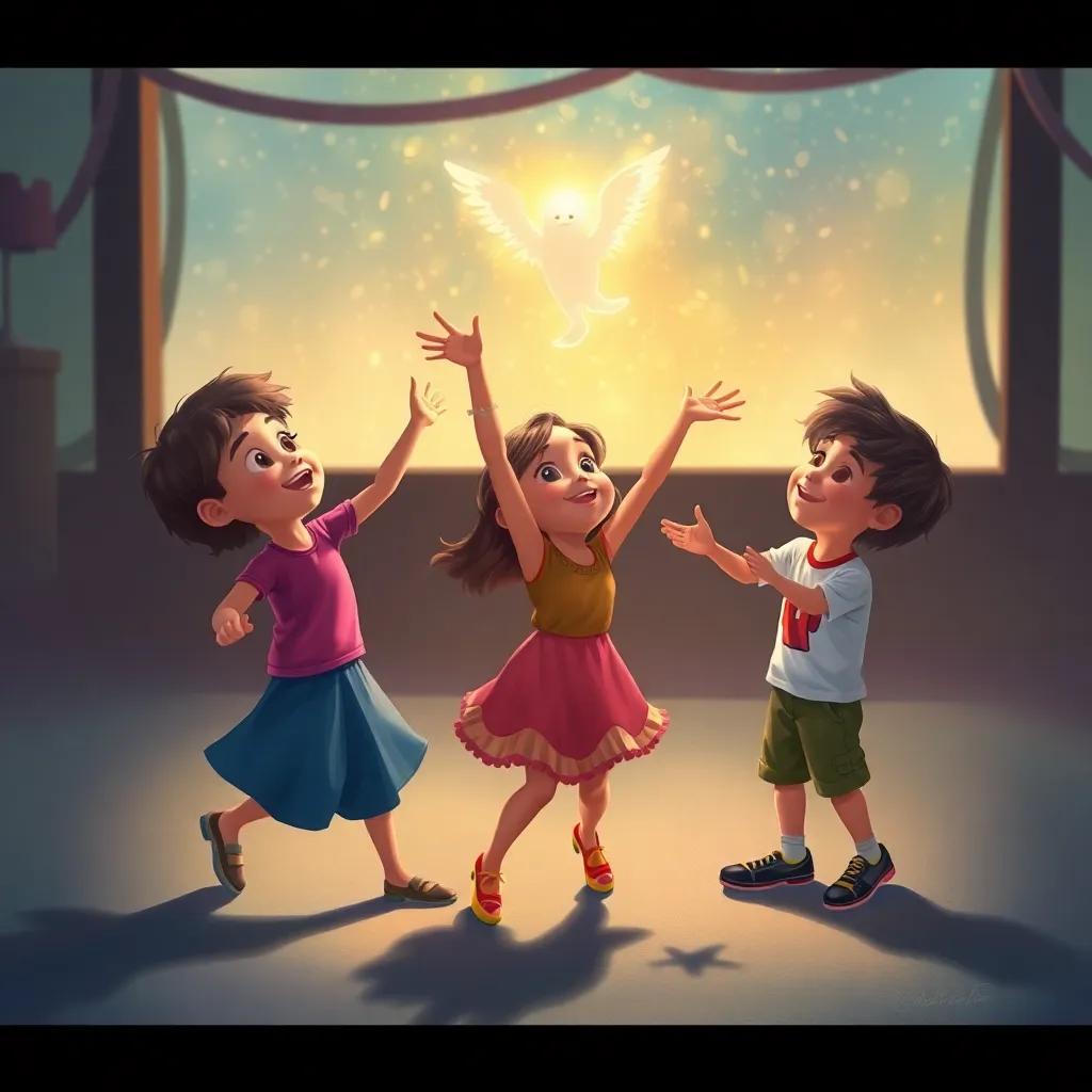 Niños bailando y jugando con sus amigos invisibles, Sofía imaginando a Lumin volando y Miguel moviéndose con Chispas, música divertida y alegría en el aire, digital painting, lively, uplifting