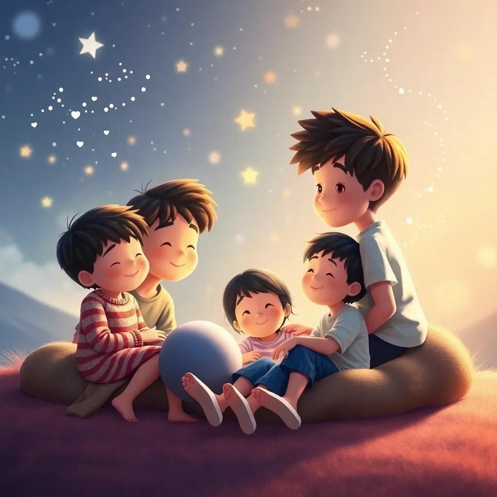 Los niños sentados en círculo, compartiendo sueños y deseos, con una atmósfera mágica y luces suaves, expresiones de felicidad y satisfacción, heartwarming, rich colors, joyful scenery