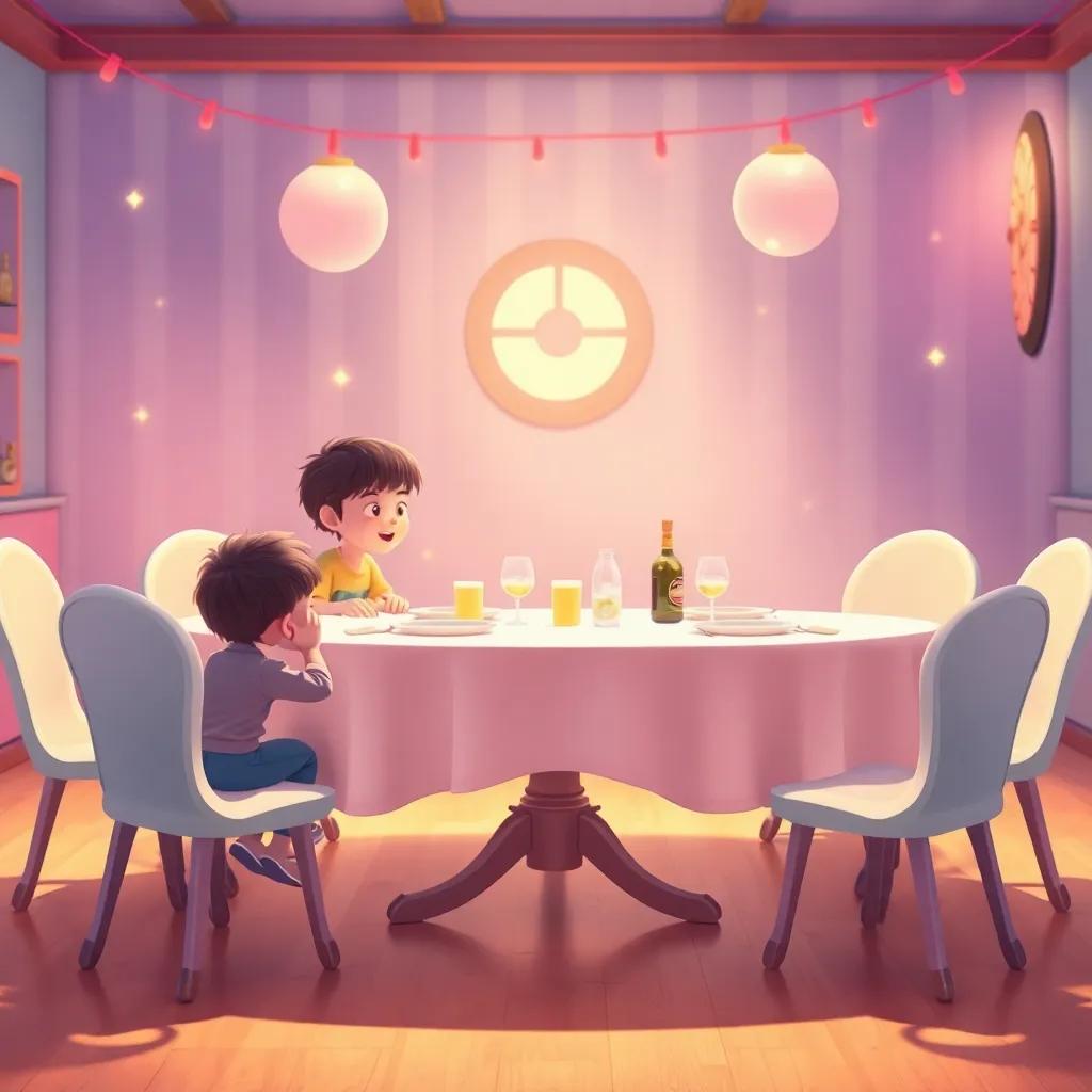 Una mesa repleta de un delicioso pastel y golosinas, con niños sentados en sillas invisibles, hablando y riendo, ilustración, divertida y mágica, ambiente cálido, alta definición