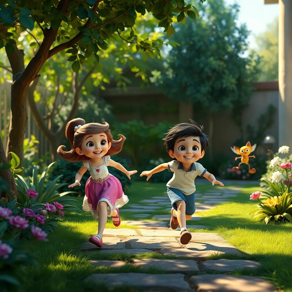 Sofía y Diego corriendo en un jardín, jugando 'Atrapa al invisible', llenos de entusiasmo y risa, confeti volando, arte digital, épico y alegre, colores vibrantes, calidad alta
