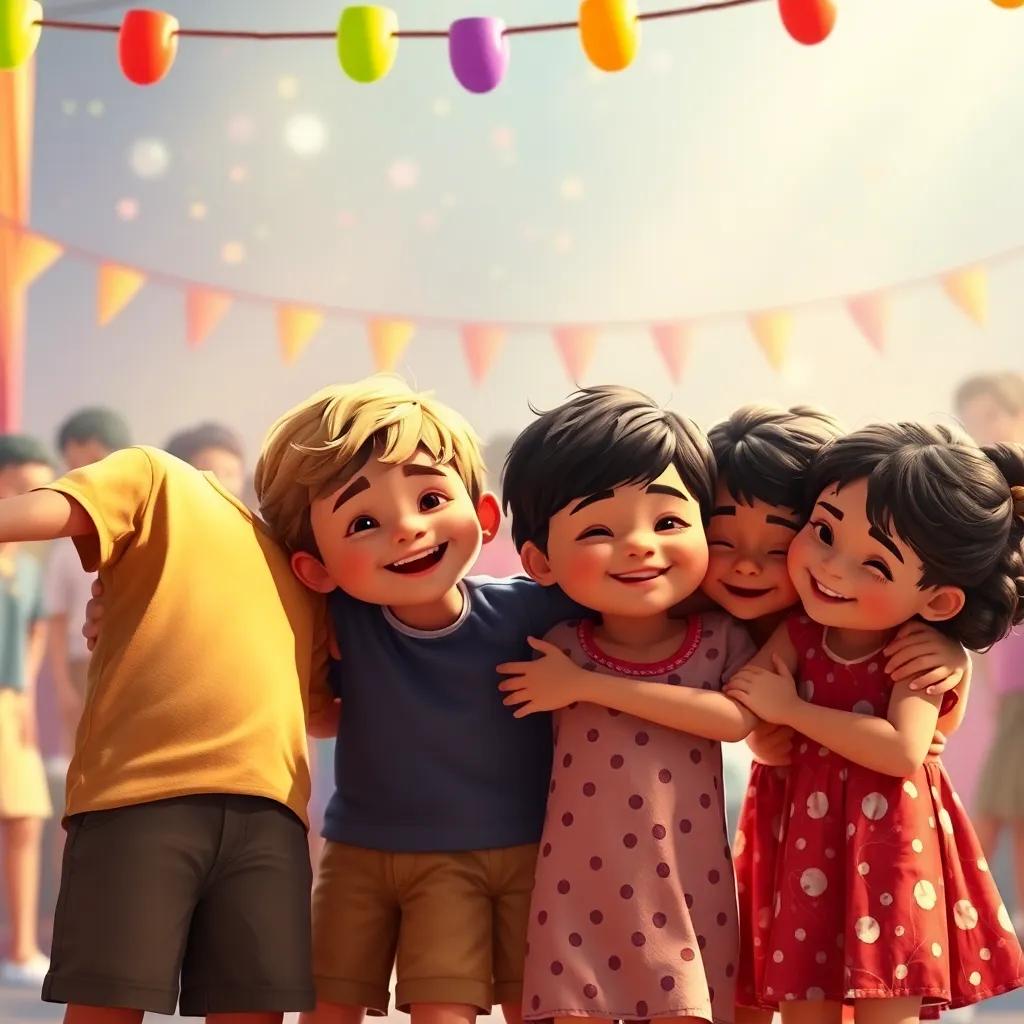 Un grupo de niños abrazándose al final de la fiesta, llenos de felicidad y amor, con imágenes de amigos invisibles alrededor, arte digital, nostálgico y alegre, rica paleta de colores, calidad extraordinaria