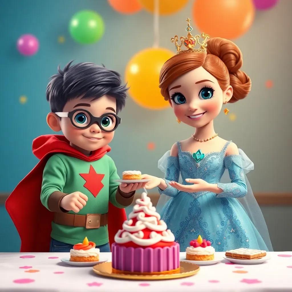 Niños vestidos con trajes creativos, como un superhéroe y una princesa, preparando una mesa con galletas y pasteles, con globos de colores en el fondo, celebración alegre, vibrante