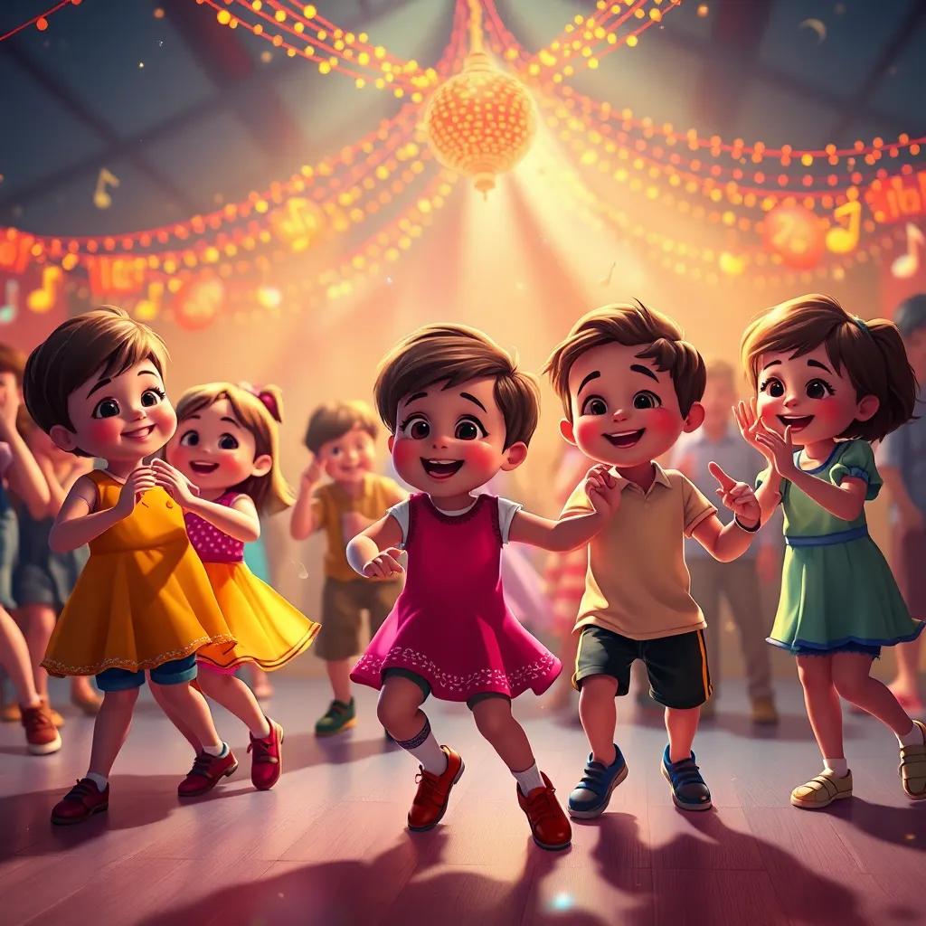 Un grupo de niños bailando en la fiesta, sonrisas, música en el aire, decoraciones brillantes alrededor de ellos, envolviendo un ambiente mágico, digital art, colorido