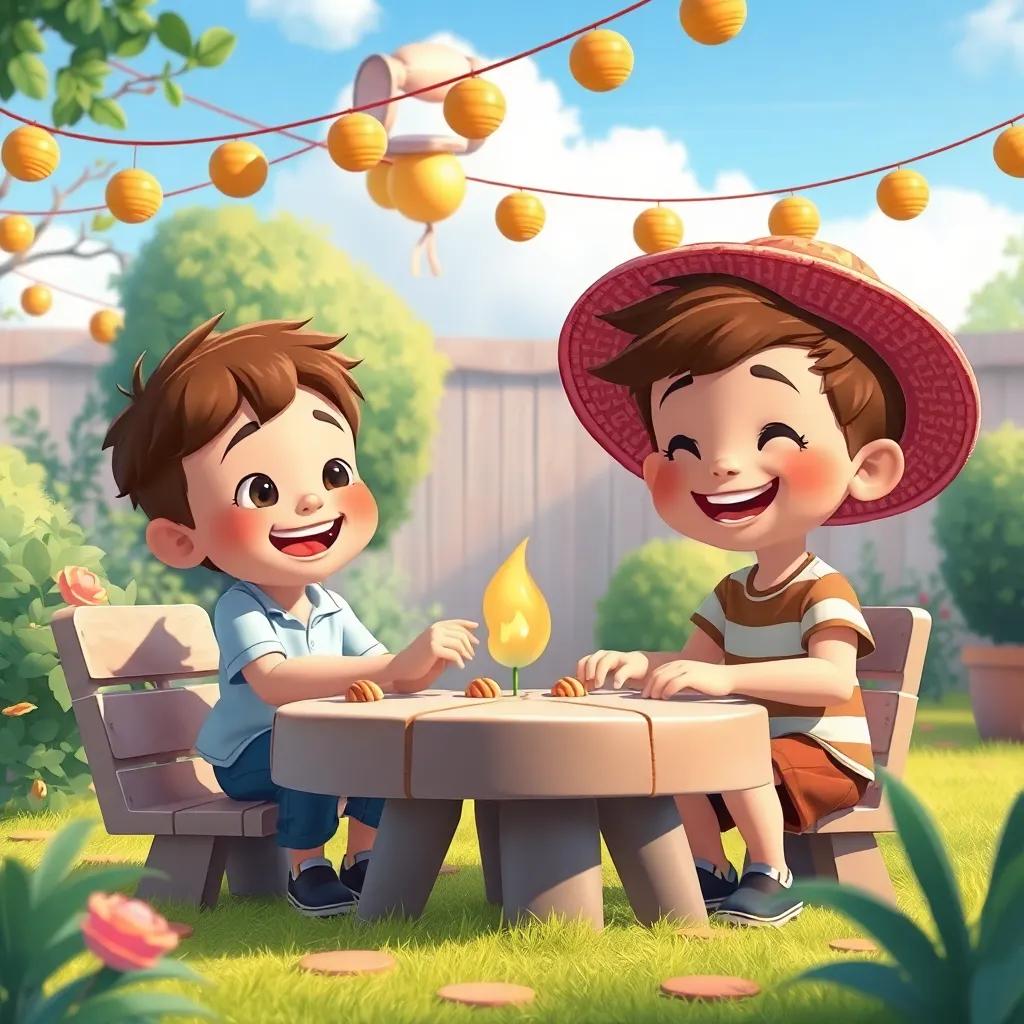Niños jugando en un jardín, jugando a la búsqueda del tesoro y al juego de las sillas, con risas en sus rostros, decoraciones festivas y un cielo azul, ilustración, alegre