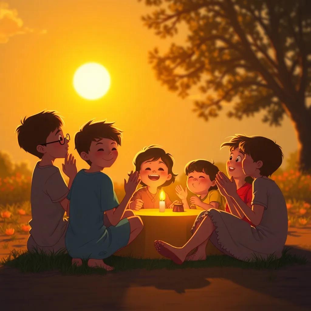 Un grupo de niños sentados en círculo al atardecer, agradeciendo por la fiesta, expresiones de felicidad y conexión, ambiente cálido, luz dorada del sol, digital painting, emotivo