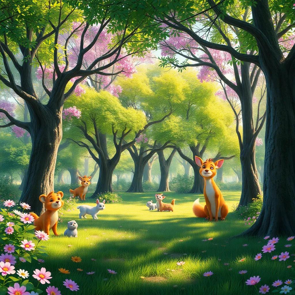 Un bosque brillante y soleado, lleno de árboles verdes y flores coloridas, con animales felices listos para una fiesta de primavera, digital art, vibrante, cálido, atento, alta calidad