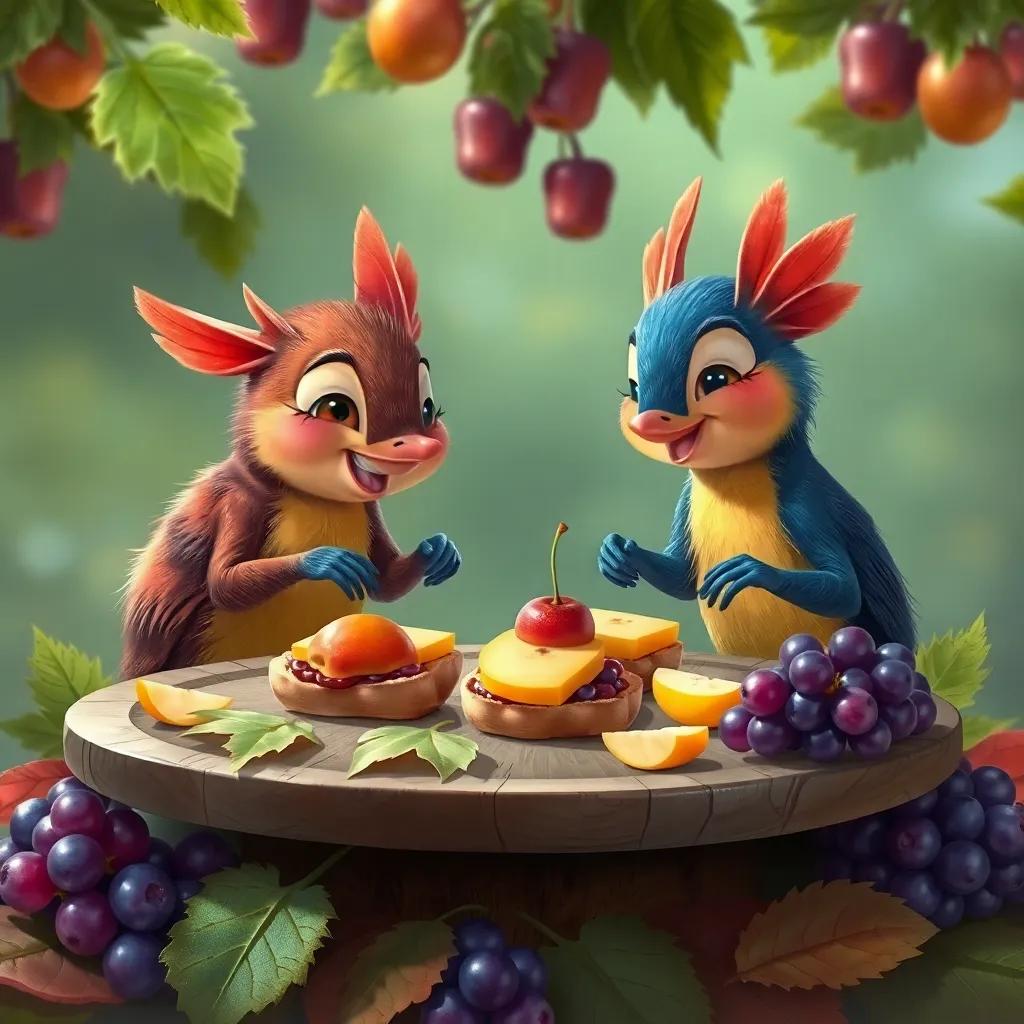 Las ardillas felices preparando bocadillos con frutas frescas, manzanas rojas, peras amarillas, y uvas moradas sobre una mesa de hojas, digital painting, colorido, acogedor, alegre