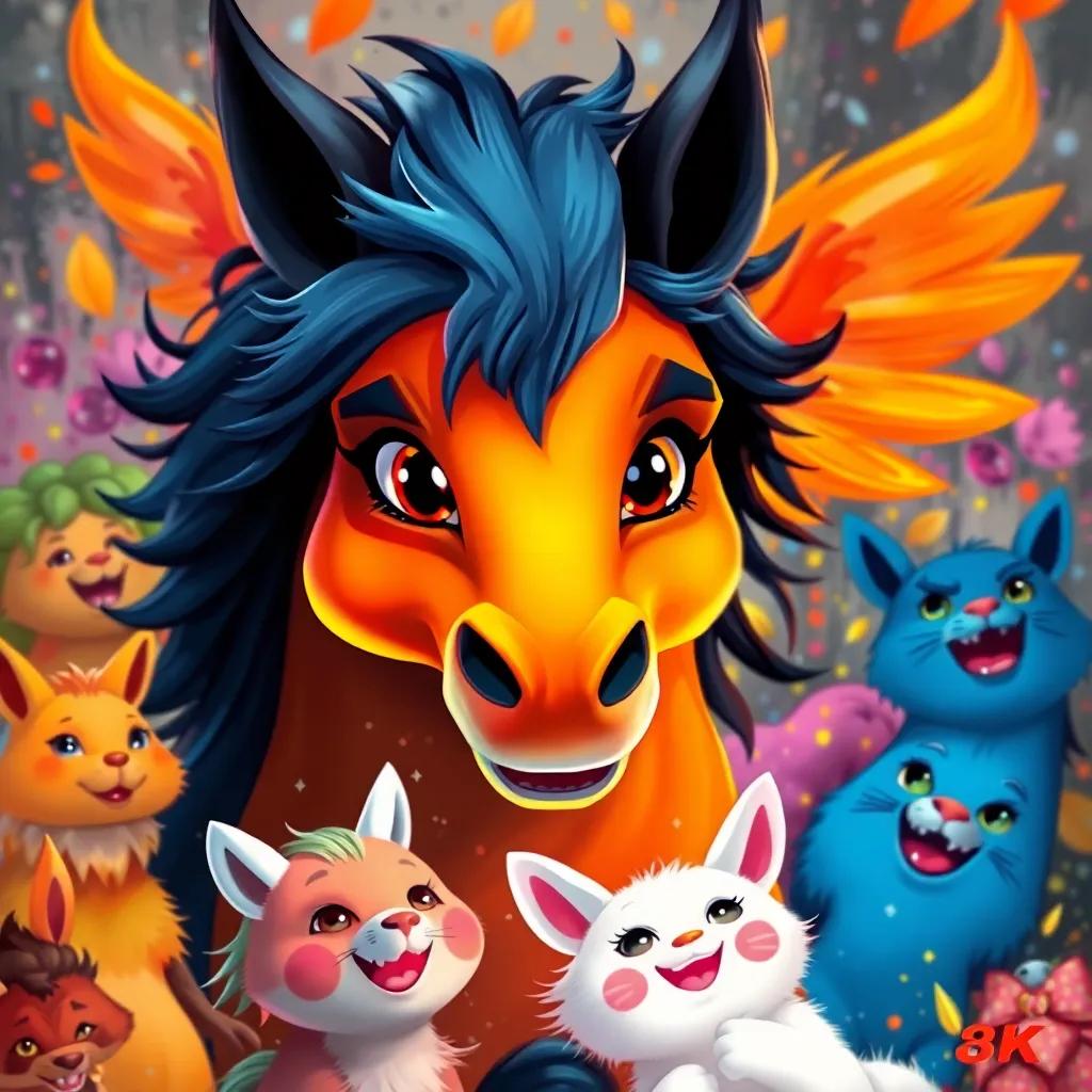 Un zorro brillante con pelaje naranja, sosteniendo pinturas de muchos colores, rodeado de animales con pinceles y risas variadas, ilustración, dinámica, emocionante, alta calidad