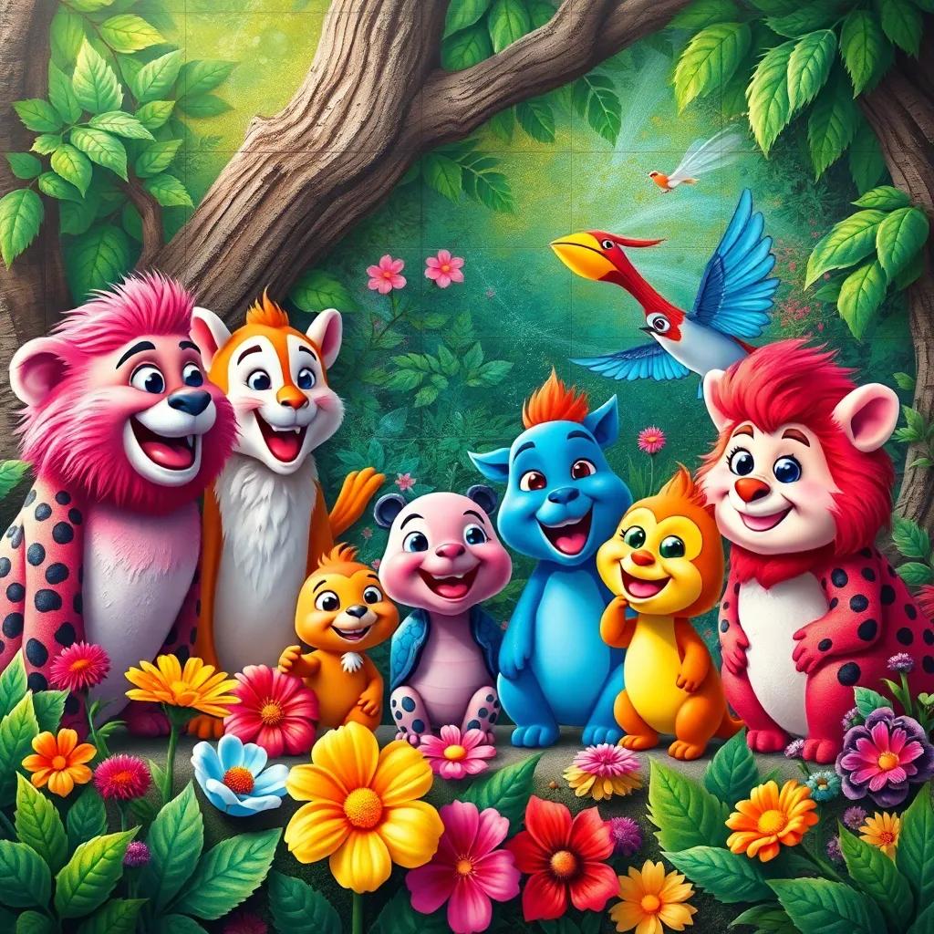 Un grupo de animales del bosque, pintando un mural colorido de flores y peces sobre una superficie natural, todos emocionados, imagen alegre, digital art, colorido, vibrante