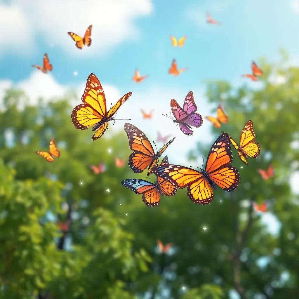 Mariposas coloridas volando en el cielo, dejando un rastro de cintas brillantes mientras danzan en el aire alrededor de árboles verdes, arte digital, hermoso, brillante, dinámico