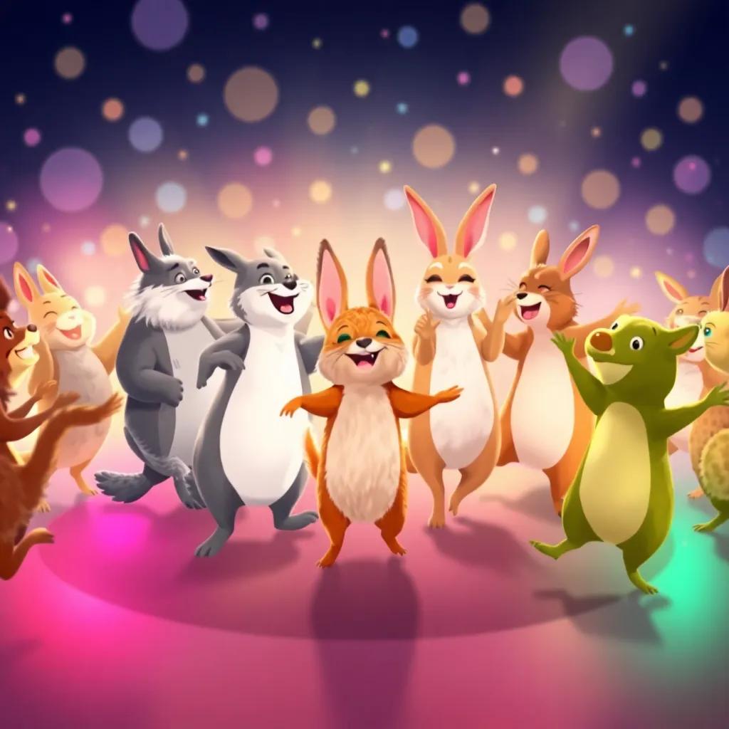 Un círculo de animales bailando felices, con patos, conejos, y canguros todos saltando, en una atmósfera festiva con muchas sonrisas, ilustración, enérgica, mágica