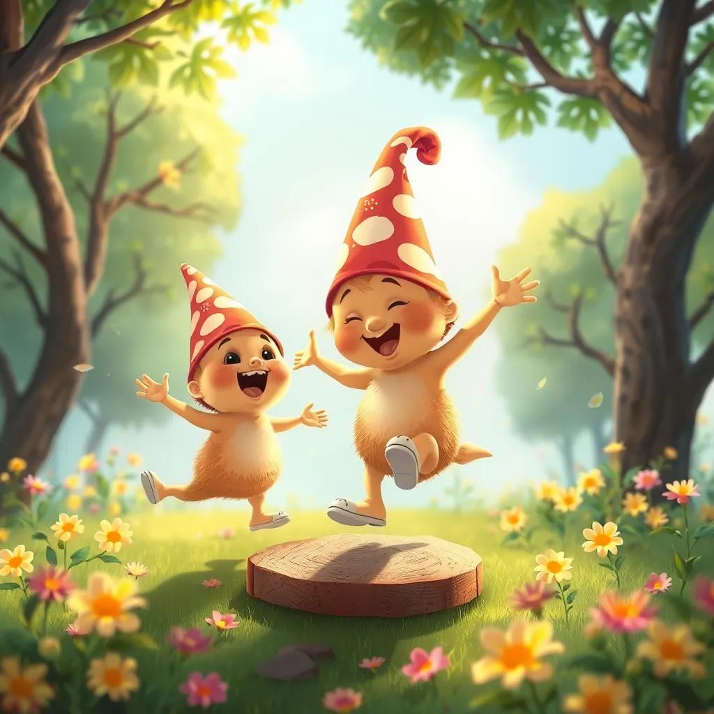 Conejitos brincando en un juego de saltos alegre, con risas en el aire, alrededor de árboles altos y flores coloridas, arte digital, caricaturesco, encantador, iluminado