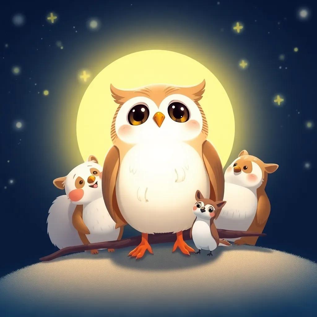 Un búho sabio, en una rama con ojos brillantes, rodeado de animales que están cantando juntos en un coro feliz, ilustración, armoniosa, mágica, tranquila