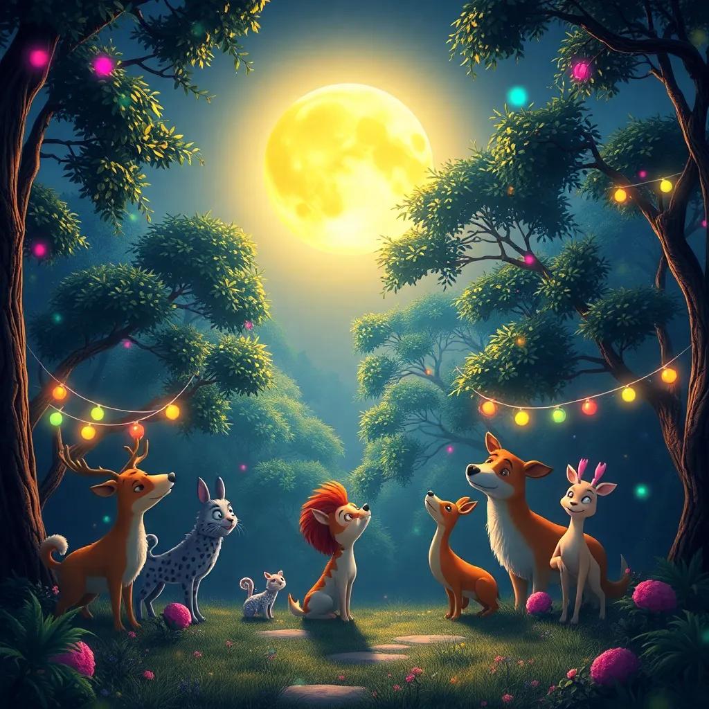 La luna brillante iluminando el bosque mientras los animales siguen en celebración, con colores resplandecientes en una atmósfera festiva, arte digital, sereno, hermoso, alegre