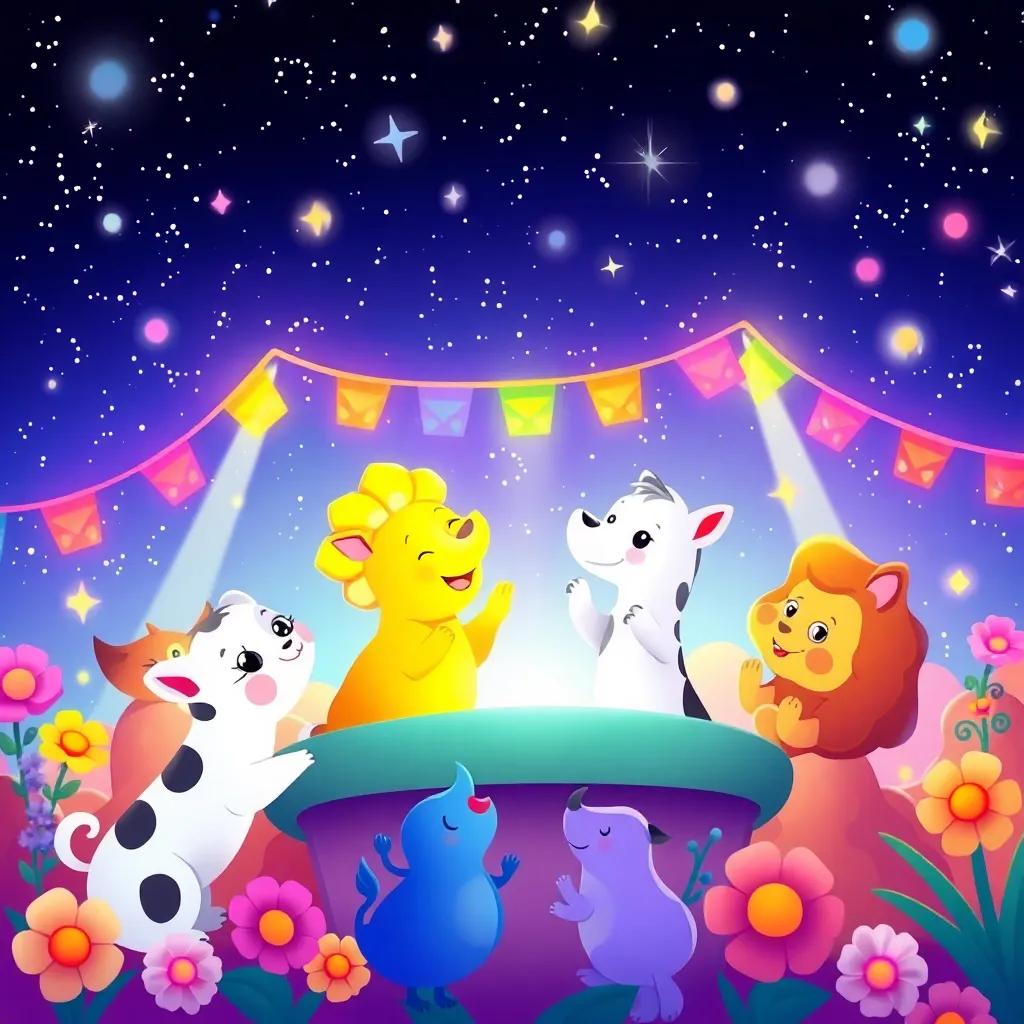 La fiesta llena de colores, con animales felices bajo un cielo estrellado, disfrutando de la primavera, ilustración, colorido, vibrante, encantador
