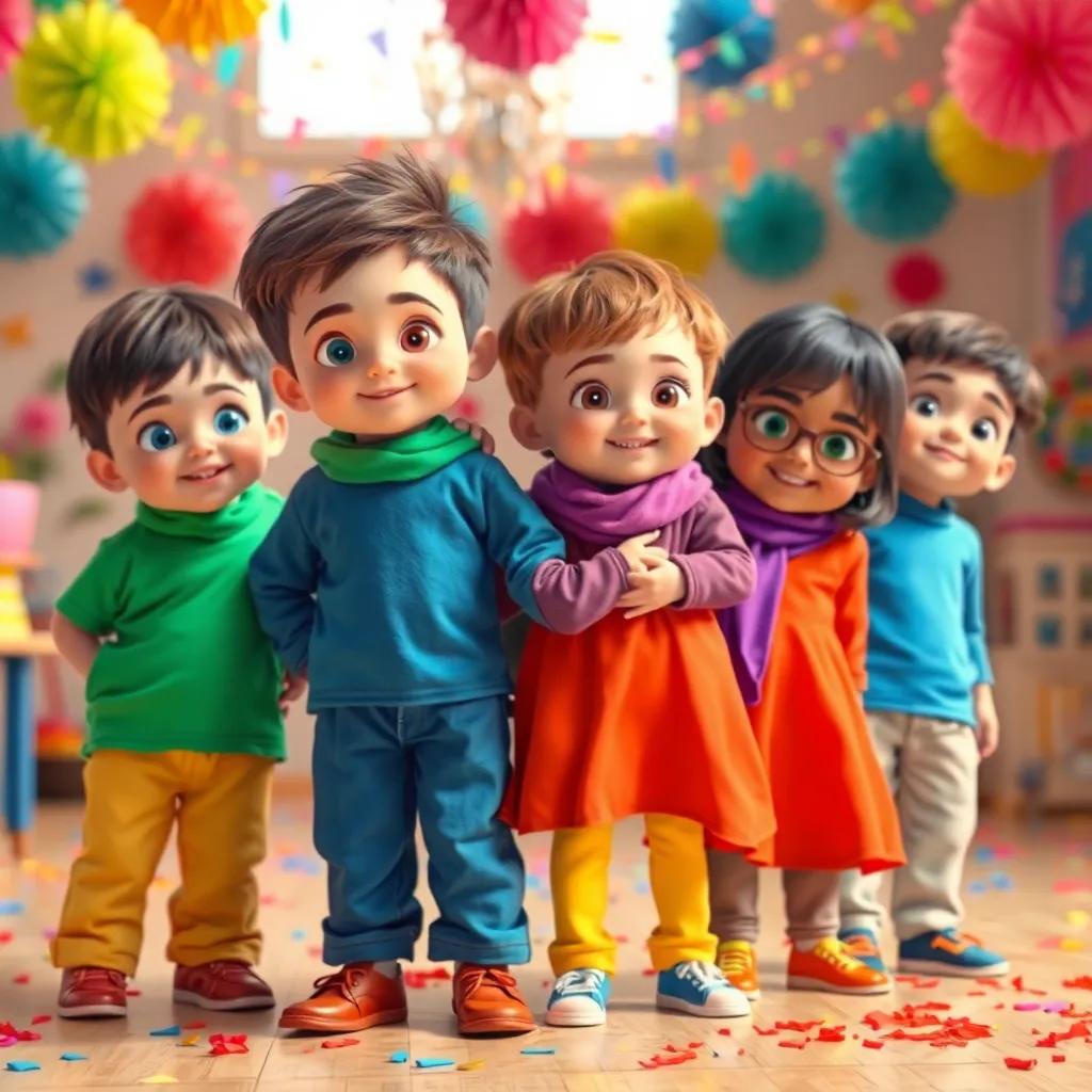 Un grupo de niños, con diferentes colores de ropa, riendo y preparando una fiesta de colores, decoraciones brillantes alrededor, digital art, vibrante, alegre, perspectiva amplia, alta calidad
