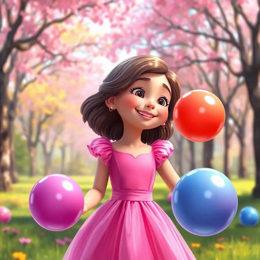 Sofía, una niña con cabello rizado, usando un vestido rosa brillante, sosteniendo globos de colores, riendo en un parque lleno de árboles, digital painting, colorido, feliz
