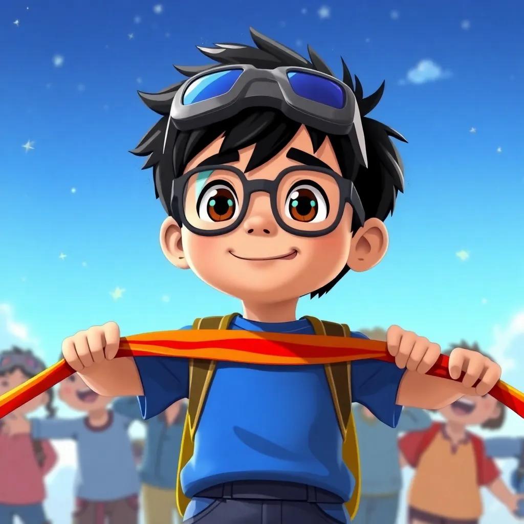 Carlos, un niño con gafas y una camiseta azul, sosteniendo una gran bandera de arcoíris, rodeado de amigos sonriendo, fondo de cielo despejado, ilustración, optimista, colorido