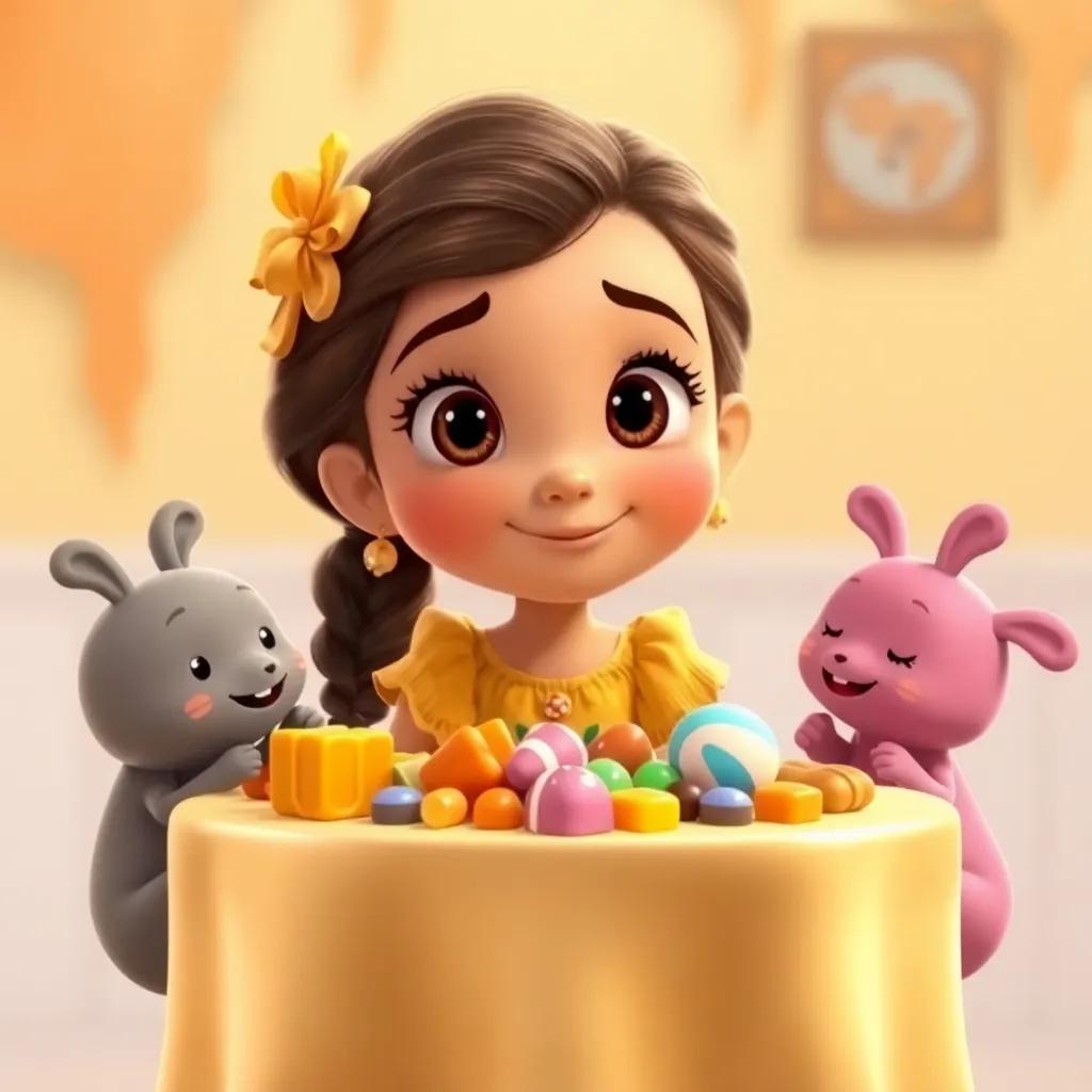 María, una niña con trenzas y una blusa amarilla, con una mesa llena de dulces de colores, amigos disfrutando de los caramelos, digital art, cálido, amigable