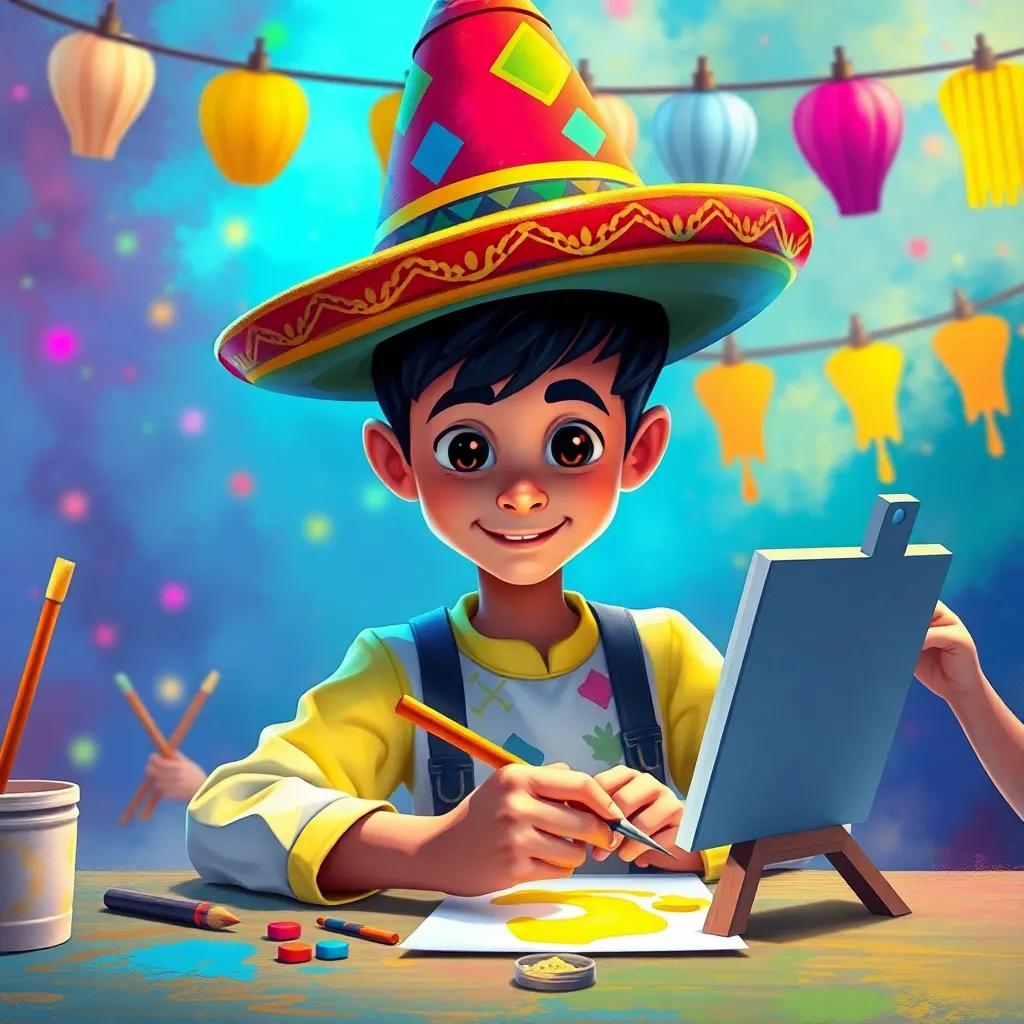 Julián, un niño con un sombrero de pintor, usando un delantal, pintando en un lienzo, amigos alrededor con pinceles, fondo de fiesta colorida, digital painting, artístico, vibrante