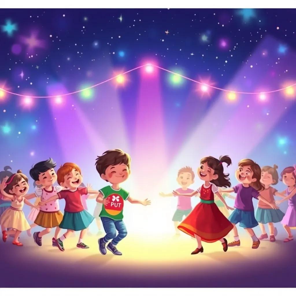 Un gran círculo de niños bailando bajo luces de colores, con un hermoso cielo estrellado, risas y alegría en sus caras, ilustración, festivo, iluminado