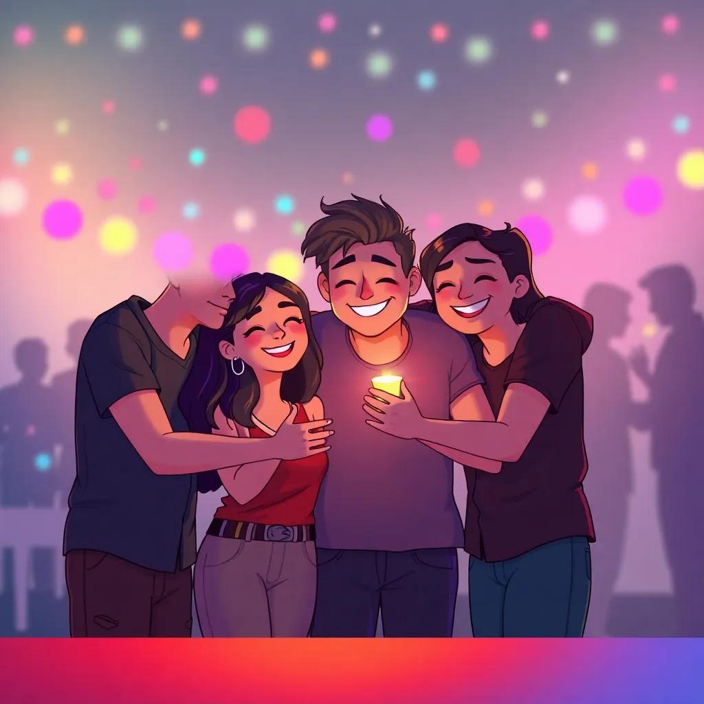 Un grupo de amigos abrazándose con sonrisas, fondo de fiesta iluminada, recuerdos de colores en sus manos, ilustración, emotivo, cálido