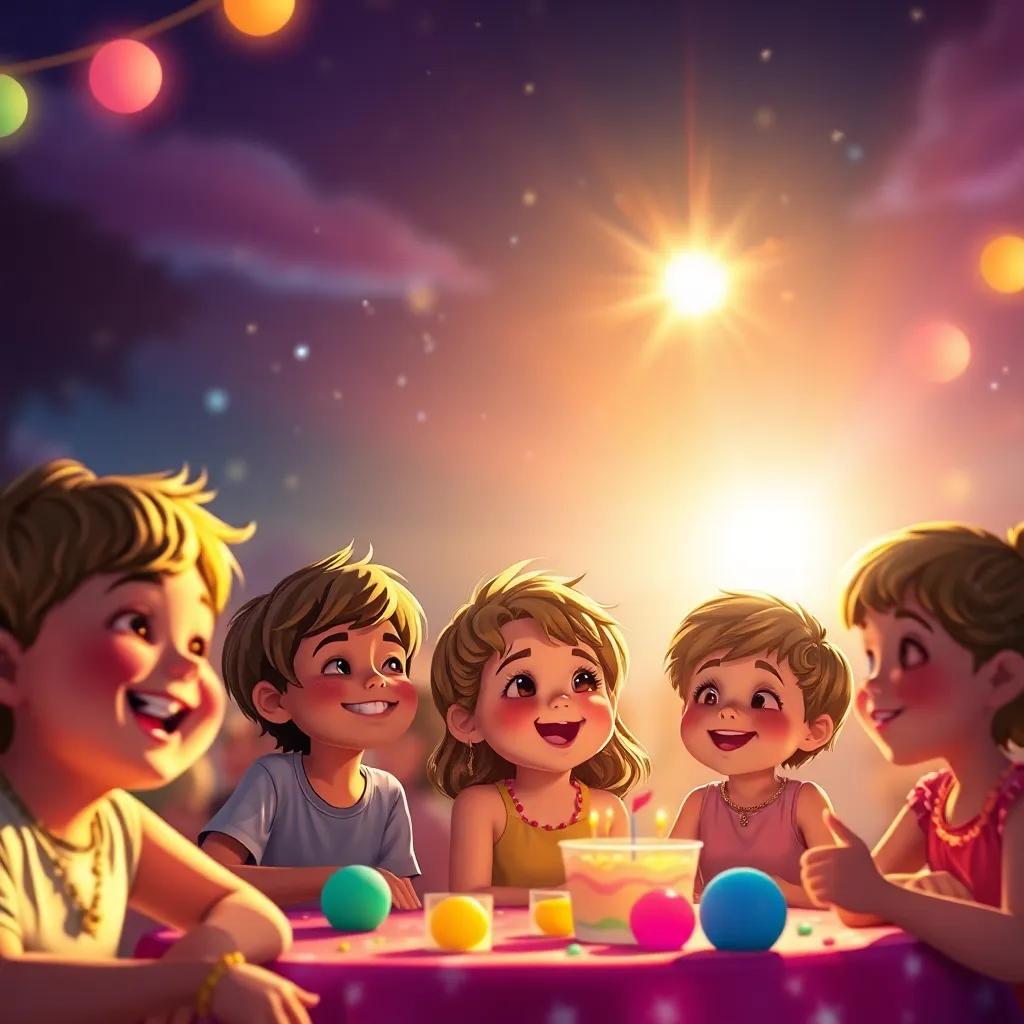 Un hermoso arcoíris brillando sobre los niños felices disfrutando de su fiesta, el sol poniéndose detrás, digital art, mágico, lleno de color