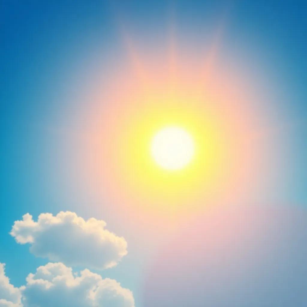 Un soleado día con colores del arcoíris, los colores Rojo, Amarillo, Azul, y Verde, emocionados, con fondo de un hermoso cielo azul, arte digital, vibrantes, atractivo, alta calidad