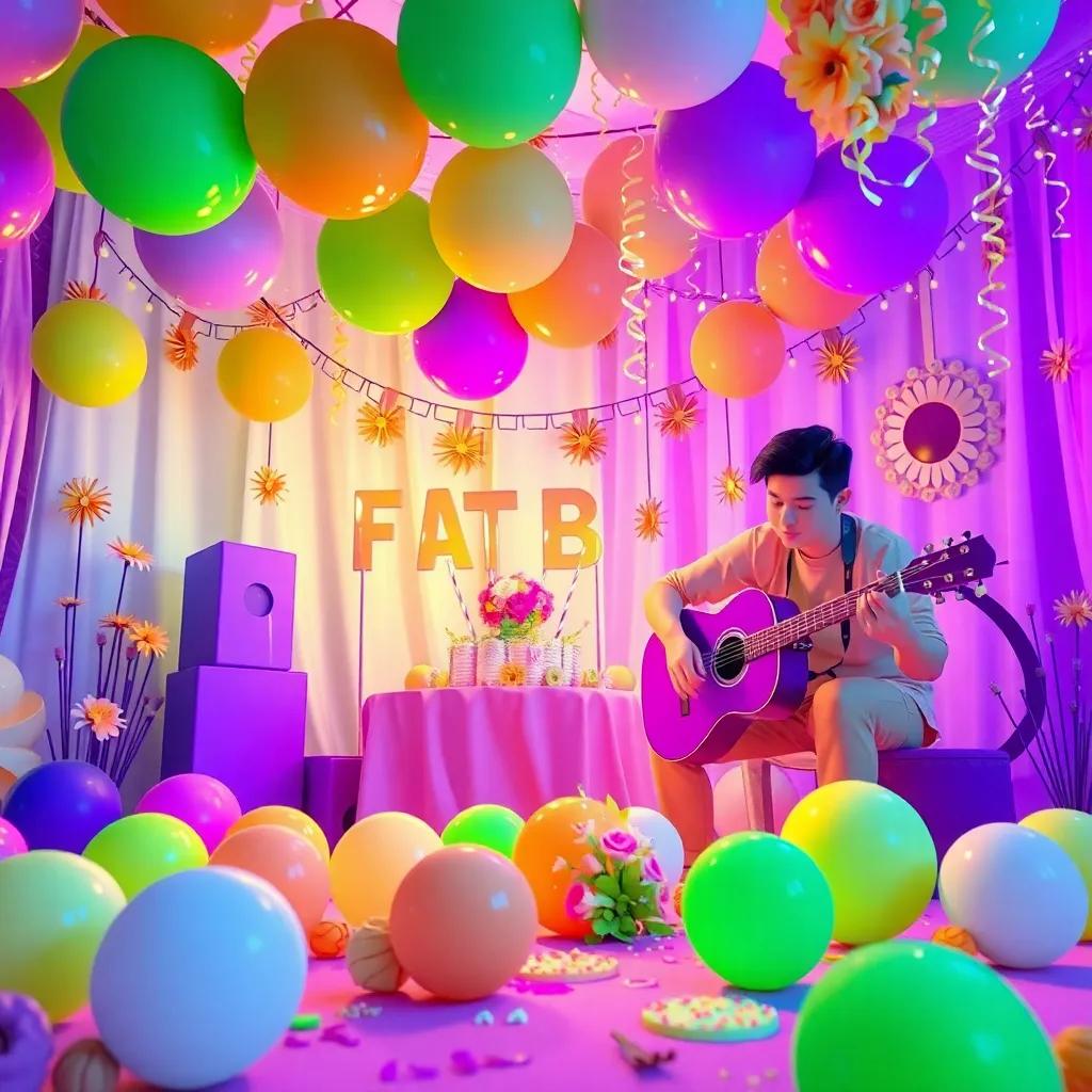 Colores decorando la fiesta con globos y flores, Amarillo y Verde organizando, mientras Morado toca la guitarra, fondo festivo, digital art, cálidos, brillante, calidad superior