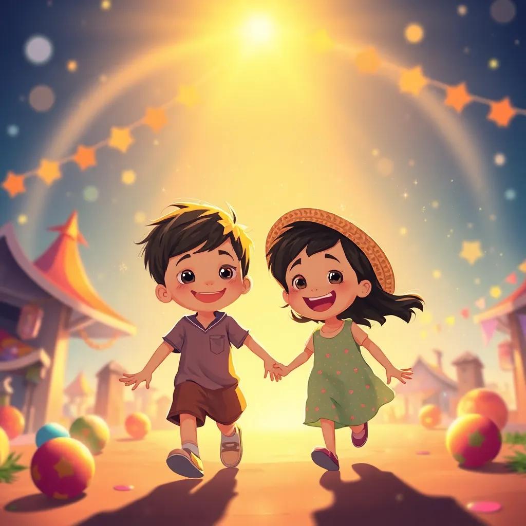 Niños felices llegando a la fiesta, sonriendo bajo un arcoíris brillante, colores vibrantes alrededor, entorno alegre, ilustración mìstica, atmosférico, encantador, calidad alta