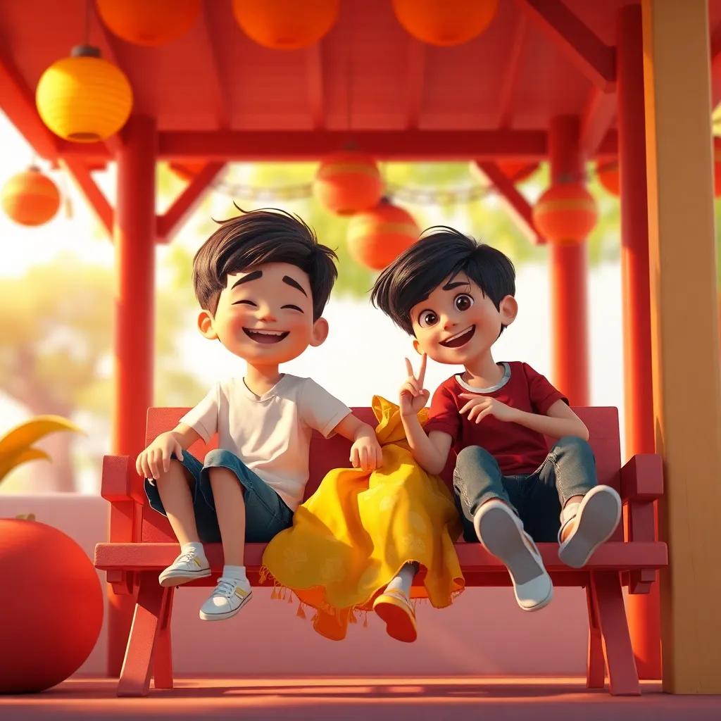 Niños jugando a la silla, Rojo y Amarillo animando, jóvenes riendo, colores danzantes en el aire, día festivo, arte digital, cálido, vibrante, calidad excepcional