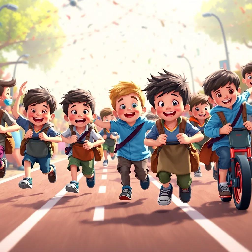Niños con sacos saltando en la carrera, Azul cuidando que todos participen, fondo lleno de risas y diversión, ilustración animada, alegre, perspectiva entretenida, alta calidad