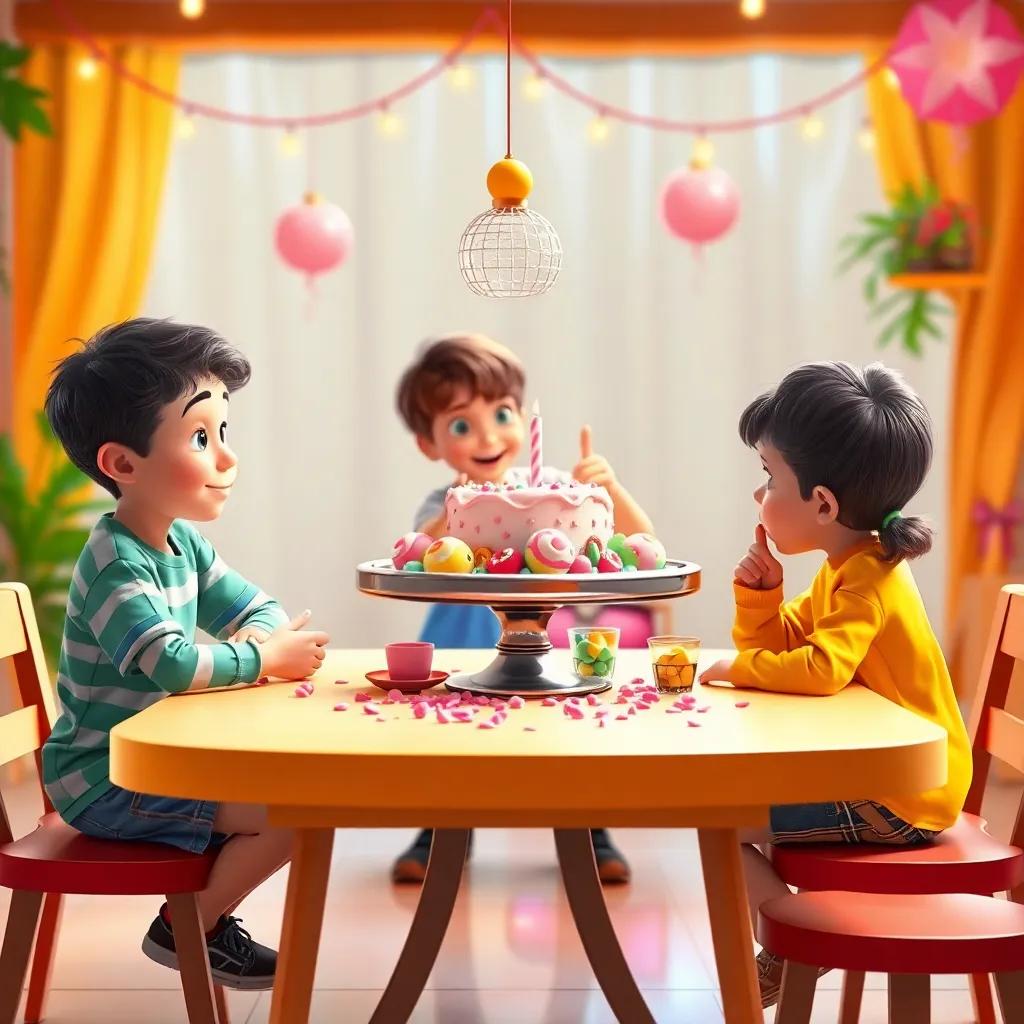 Mesa con delicioso pastel de colores y jugo, niños compartiendo y conversando, ambiente festivo y encantador, arte digital, colorido, vibrante experiencia, calidad superior