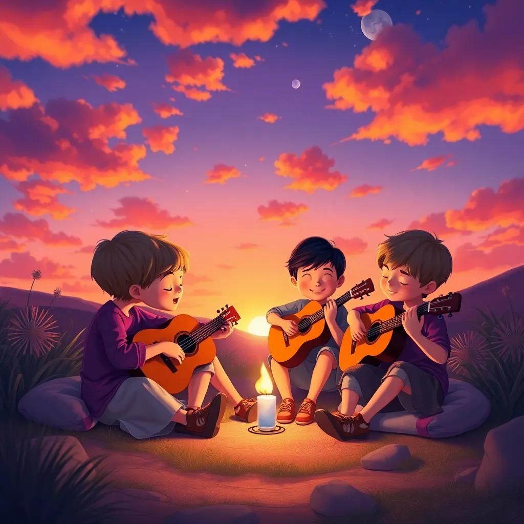 Grupo de niños sentados, Morado tocando la guitarra, cantando bajo el hermoso cielo atardecer, colores brillantes llenando el aire, ilustración mágica, romántico, alegre, alta calidad
