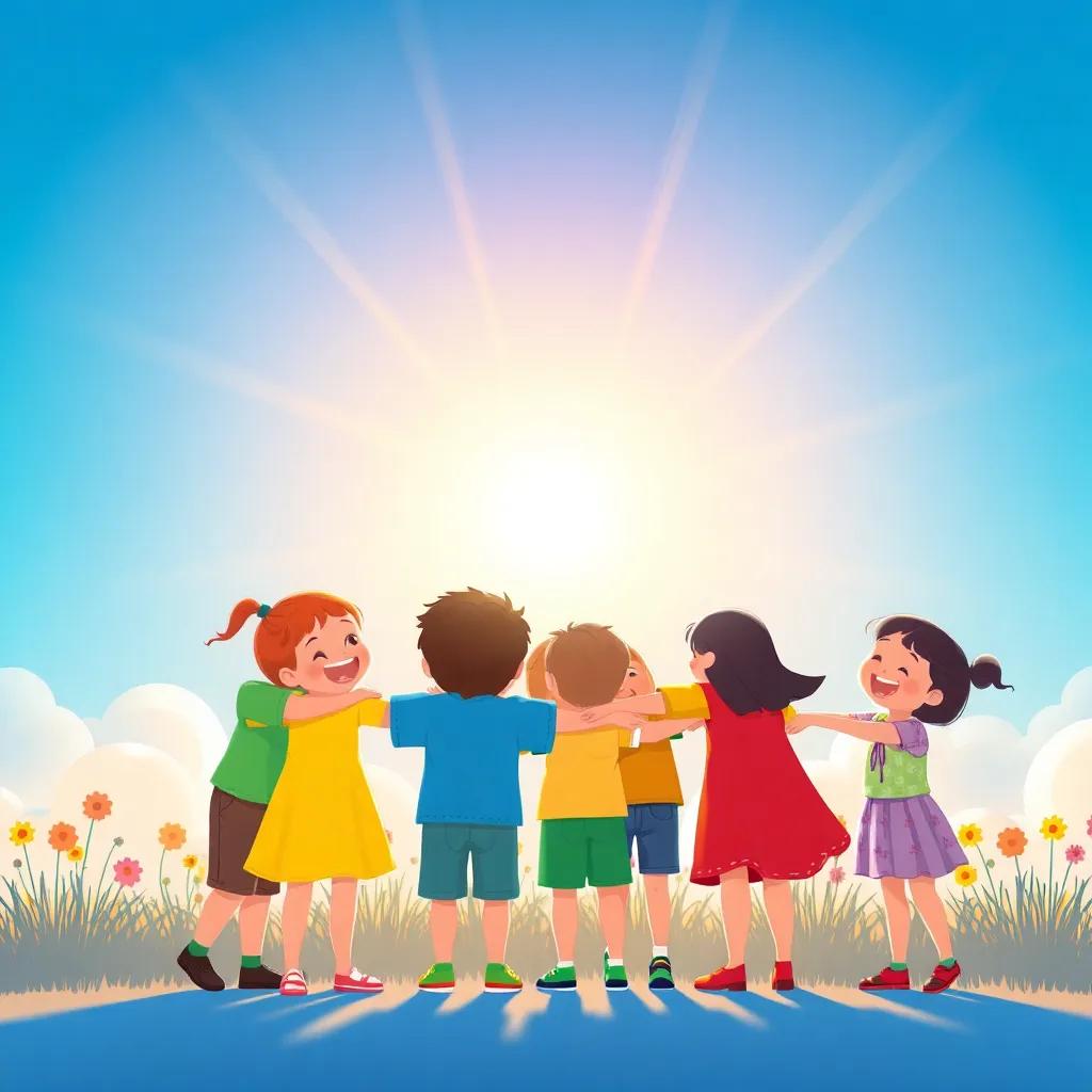 Colores felices, abrazando a todos los niños, en una escena de despedida bajo un hermoso arcoíris, fondo soleado con alegría, arte digital, vibrante, optimista, alta calidad