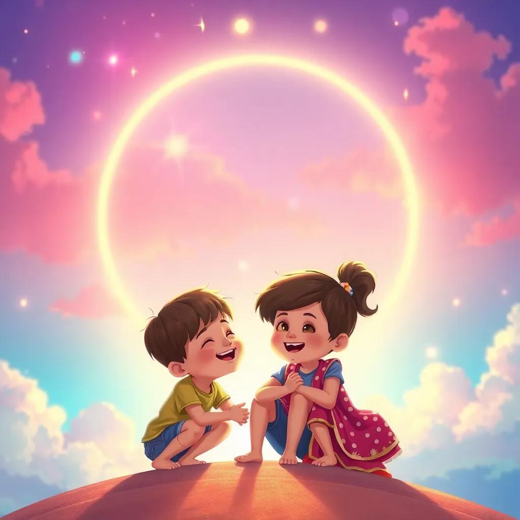 Colores del arcoíris brillando en el cielo, con reflejos de felicidad, los niños despidiéndose con sonrisas, fondo hermoso, ilustración emocionante, encantador, calidad superior