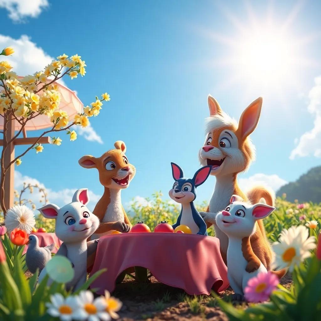 Un hermoso día de primavera en la granja con un cielo azul claro y sol brillante, animales felices organizando una fiesta, digital art, vibrantes colores, atmosférico y alegre