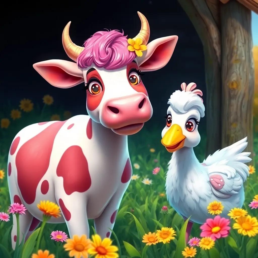 Animales en la granja, la vaca Lola con cintas de colores brillantes, la oveja Tilly decorando con flores, digital art, brillante y colorido, juego divertido y amigable