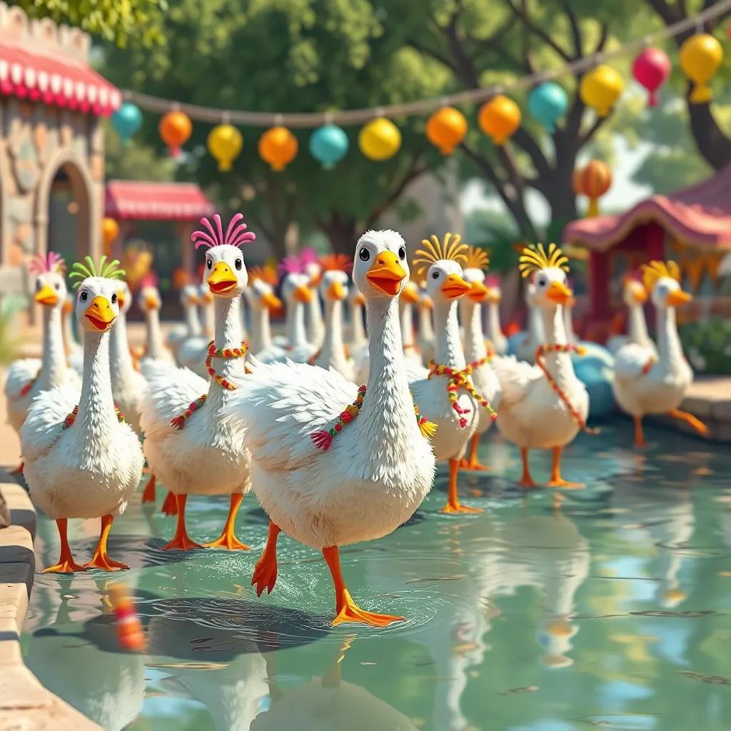 Los patos en el estanque, formando un desfile, con la pata Pati liderando, decorados coloridos, digital art, festivo y emocionante, alegre ambiente