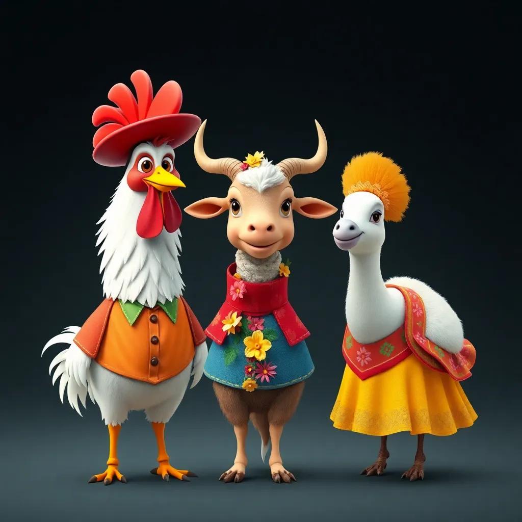 Animales vestidos con trajes coloridos, el gallo con sombrero rojo, la vaca con flores, la oveja con bufanda amarilla, digital art, alegre y vibrante, lleno de vida