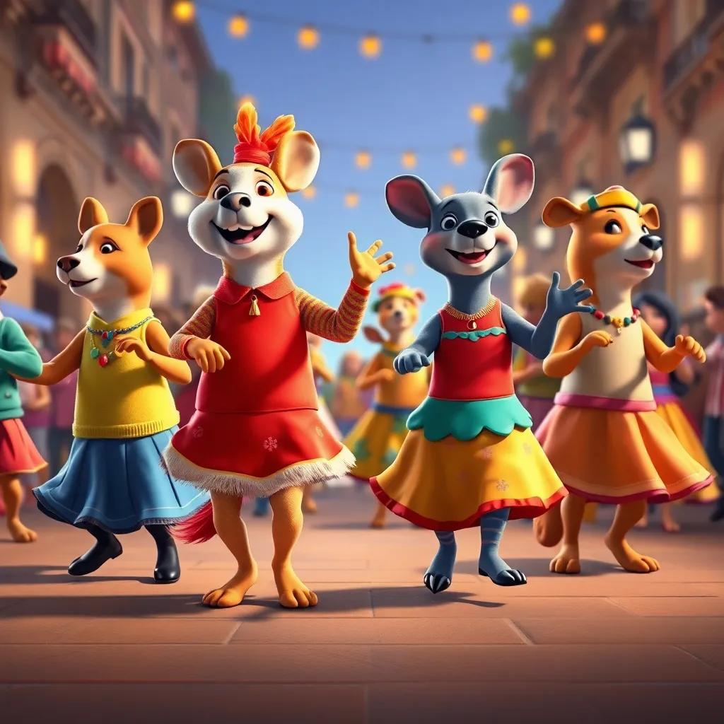 Animales bailando y cantando en un desfile, cada uno con trajes coloridos, digital art, animado y festivo, capturando alegría