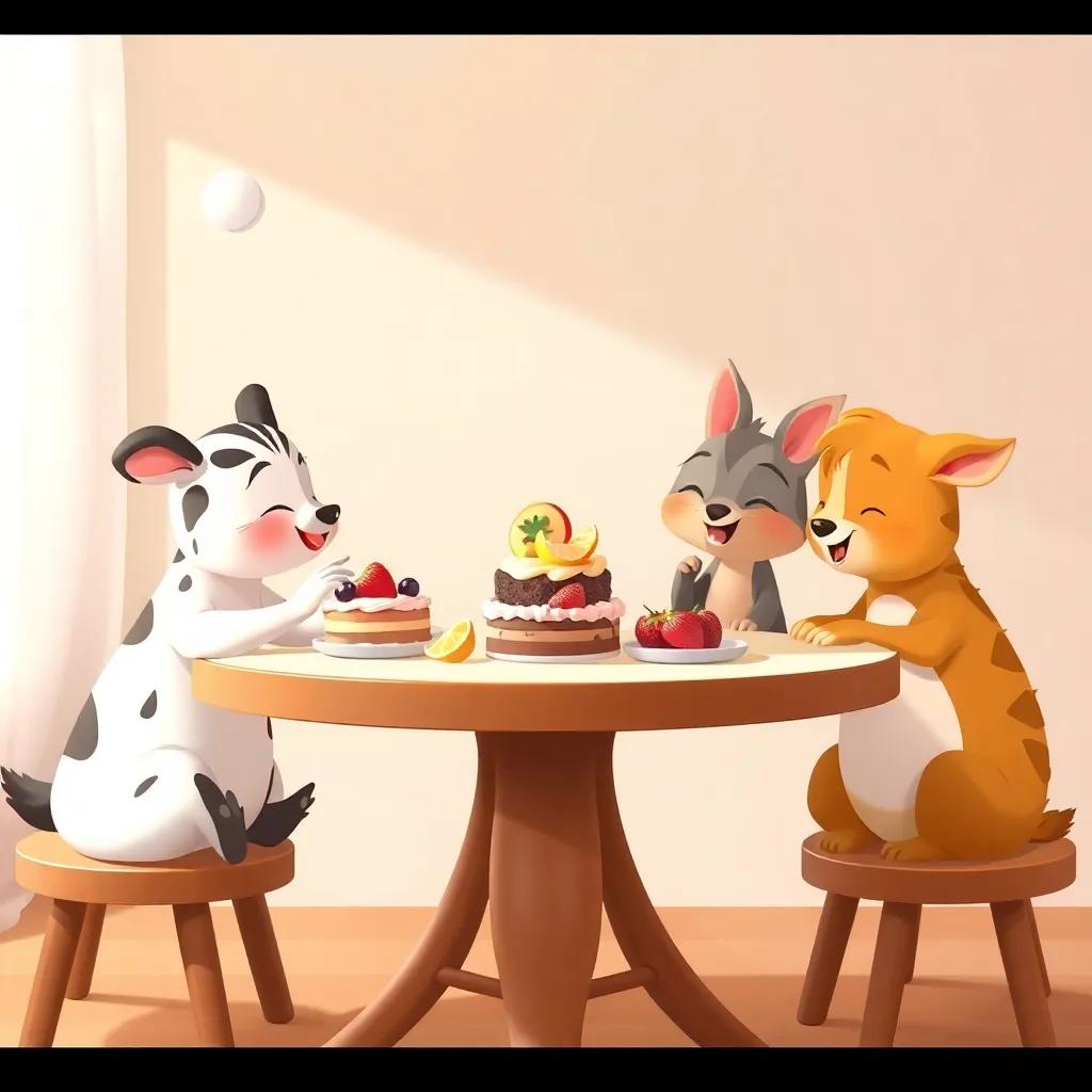 Mesa con tortas de frutas, animales disfrutando de la merienda, riendo y compartiendo juntos, digital art, cálido y acogedor