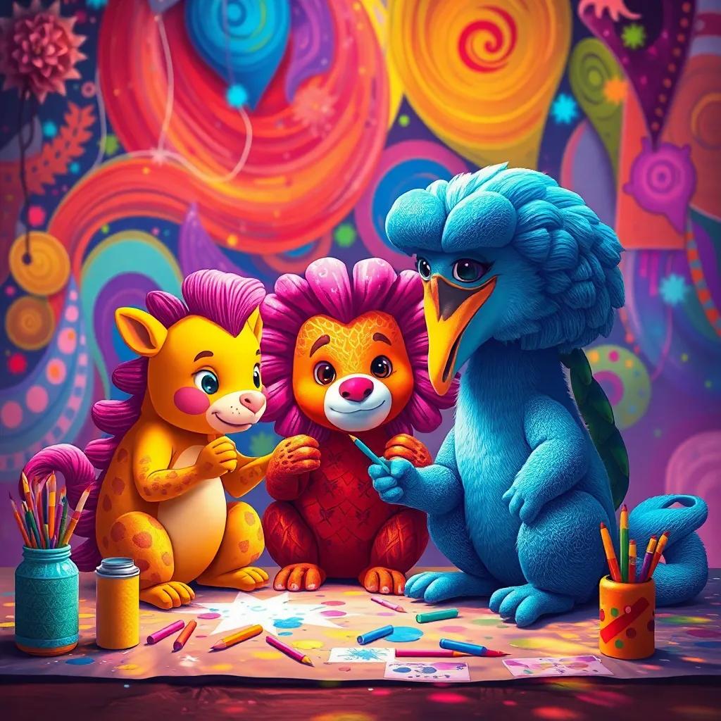 Animales pintando cuadros llenos de colores brillantes, un ambiente creativo y divertido, digital art, artístico y colorido, resaltando la creatividad