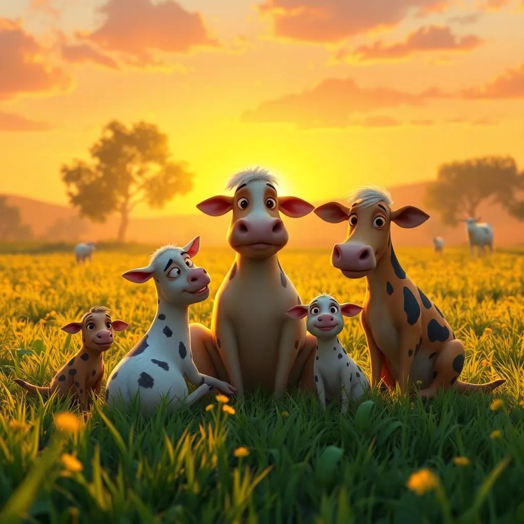 El atardecer en la granja, todos los animales sentados juntos riendo y disfrutando, digital art, suave luz dorada, cálido y acogedor