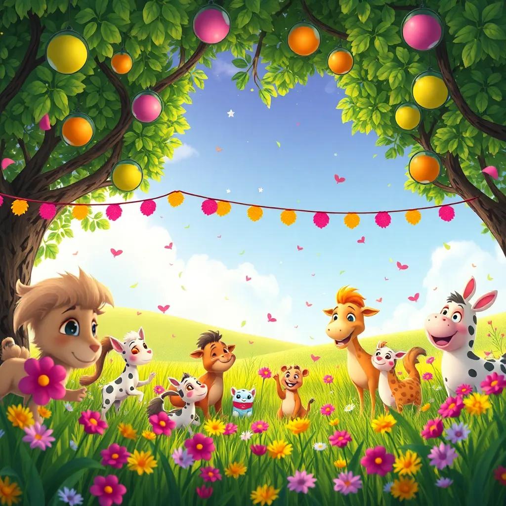 Una granja llena de risas y colores, un lugar feliz donde los animales celebran, digital art, animado y festivo, transmitiendo alegría